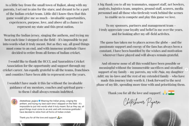 Cheteshwar Pujara announcing retirement from cricket on social media with emotional message

