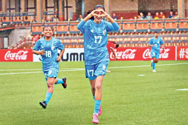 Indian U17 women football players celebrating goal against Nepal in SAFF Championship 2025 at Thimphu stadium