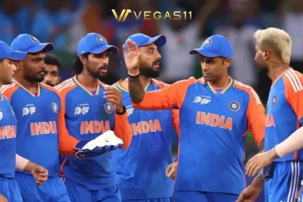 Indian cricket team players celebrating together after 41-run victory over Bangladesh in Asia Cup 2025 Super Four match qualification final Dubai