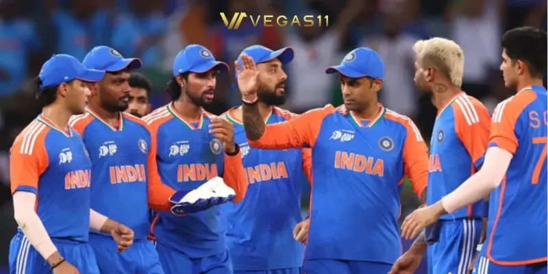 Indian cricket team players celebrating together after 41-run victory over Bangladesh in Asia Cup 2025 Super Four match qualification final Dubai