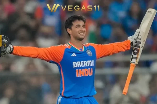 Abhishek Sharma Indian opening batsman raises bat after scoring century