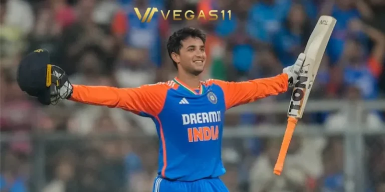 Abhishek Sharma Indian opening batsman raises bat after scoring century