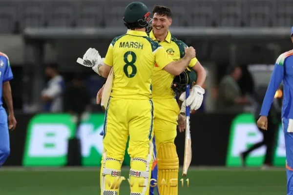 Australia captain Mitchell Marsh and debutant Matt Renshaw celebrating ODI victory against India at Perth Stadium rain-affected match October 2025