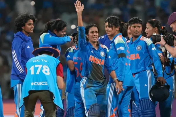 India women cricketers celebrating World Cup semifinal win against Australia at Dr DY Patil Stadium Navi Mumbai October 30