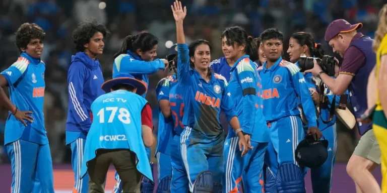 India women cricketers celebrating World Cup semifinal win against Australia at Dr DY Patil Stadium Navi Mumbai October 30