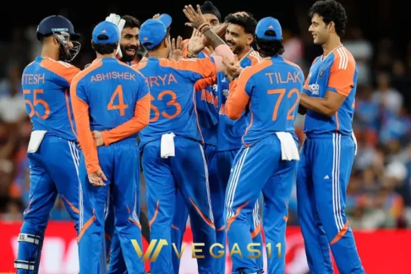 India cricket team celebrates T20I series win over Australia with Abhishek Sharma holding player of series trophy at Gabba stadium