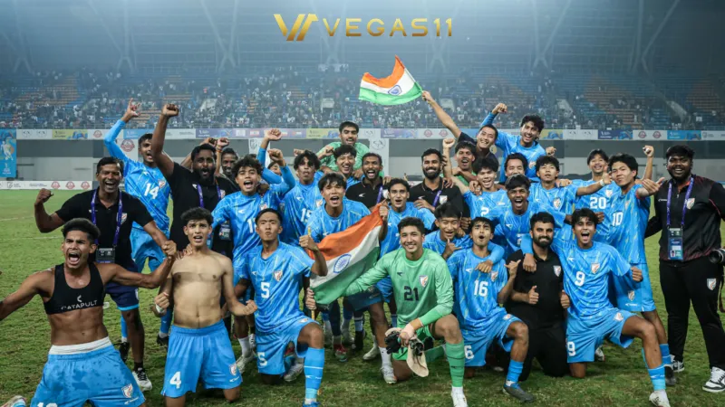 India U17 football players celebrating victory over Iran in AFC Asian Cup qualifier match Ahmedabad November 2025