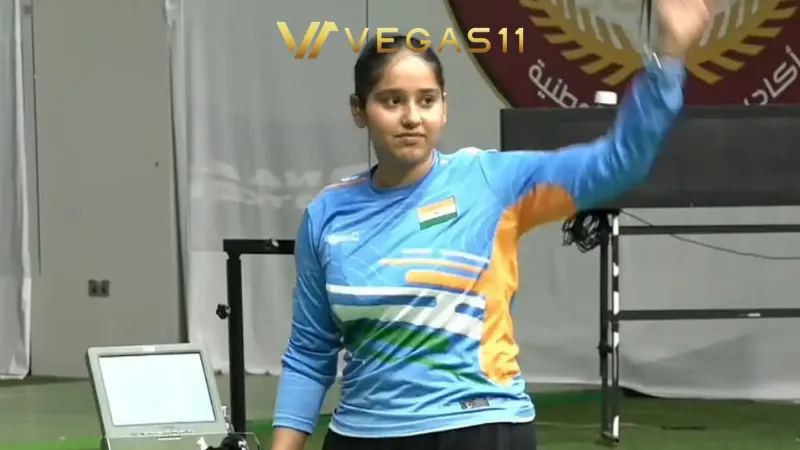 Indian shooter Simranpreet Kaur holding gold medal after winning women's 25m pistol event at ISSF World Cup Final 2025