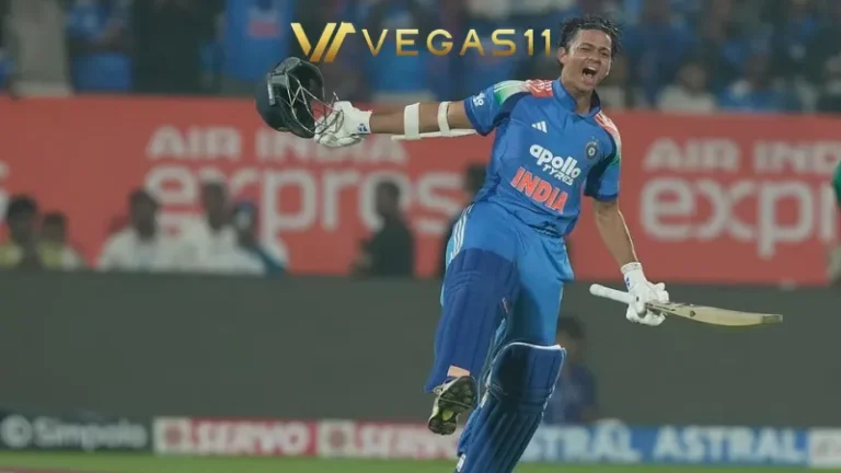 India cricketer Yashasvi Jaiswal raises bat after scoring century against South Africa 3rd ODI December 2025