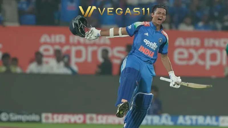 India cricketer Yashasvi Jaiswal raises bat after scoring century against South Africa 3rd ODI December 2025
