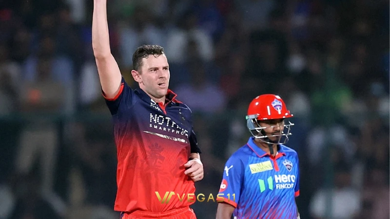 RCB vs DC IPL 2026 — Josh Hazlewood celebrating a wicket at Arun Jaitley Stadium Delhi