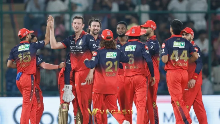 RCB vs DC IPL 2026 — Josh Hazlewood celebrating a wicket at Arun Jaitley Stadium Delhi