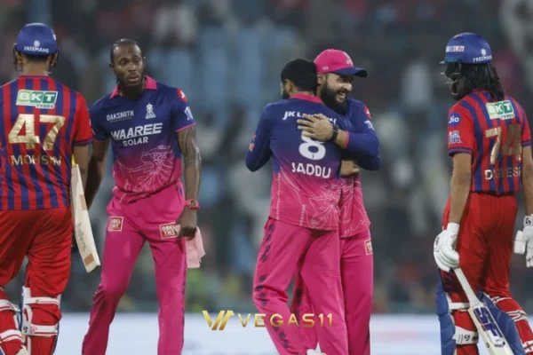 RR vs LSG IPL 2026 — Ravindra Jadeja celebrates 43 not out at Ekana Stadium