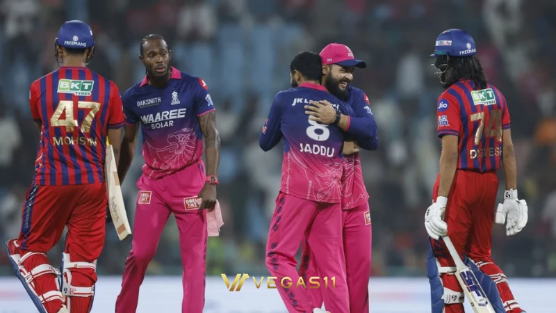 RR vs LSG IPL 2026 — Ravindra Jadeja celebrates 43 not out at Ekana Stadium