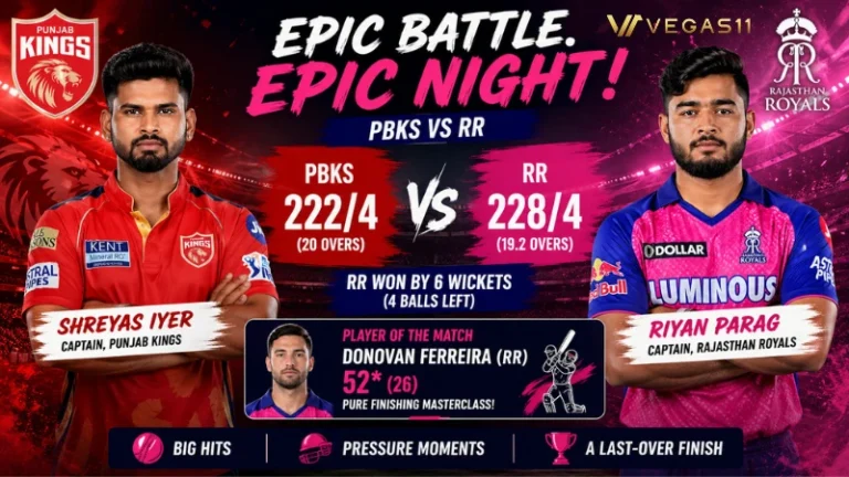 PBKS vs RR IPL 2026 — Donovan Ferreira hits the winning shot for Rajasthan Royals at PCA New Cricket Stadium, Tira.