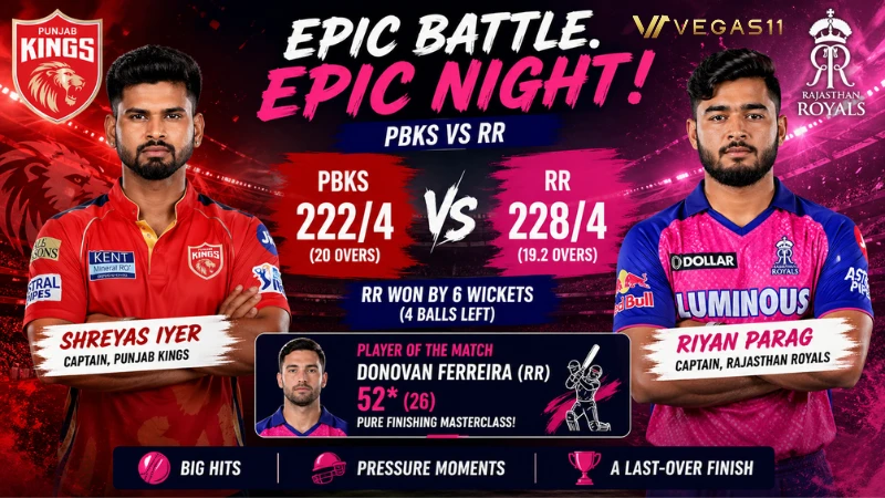 PBKS vs RR IPL 2026 — Donovan Ferreira hits the winning shot for Rajasthan Royals at PCA New Cricket Stadium, Tira.