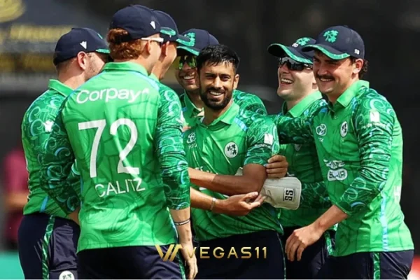 Ireland cricket team celebrating series win over India at Stormont Belfast T20I 2026.