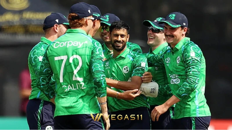 Ireland cricket team celebrating series win over India at Stormont Belfast T20I 2026.