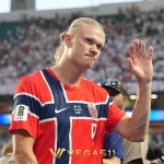 Erling Haaland reacts on the pitch during Norway vs England World Cup 2026 quarterfinal