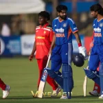 Vaibhav Sooryavanshi acknowledges the crowd after reaching his second T20I fifty of the series at Harare Sports Club.