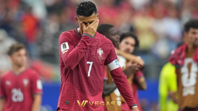 Cristiano Ronaldo reacts after Portugal elimination from FIFA World Cup 2026 Round of 16 against Spain