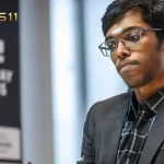 R Praggnanandhaa in deep thought during his semifinal match at the Grand Chess Tour Finals in Saint Louis