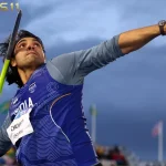 Neeraj Chopra in his javelin throw action during a Diamond League meet
