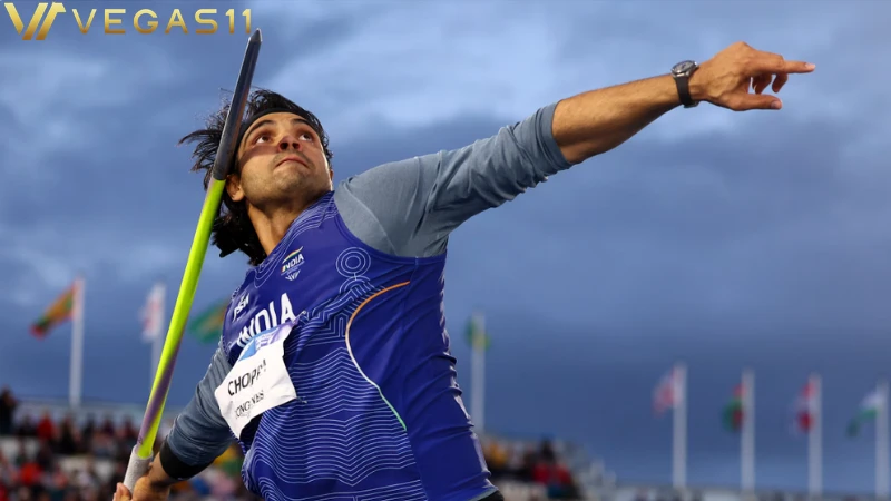 Neeraj Chopra in his javelin throw action during a Diamond League meet