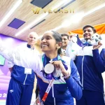 Indian shooting team celebrating silver medal win at Asian Games 2026 Aichi-Nagoya