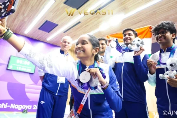 Indian shooting team celebrating silver medal win at Asian Games 2026 Aichi-Nagoya