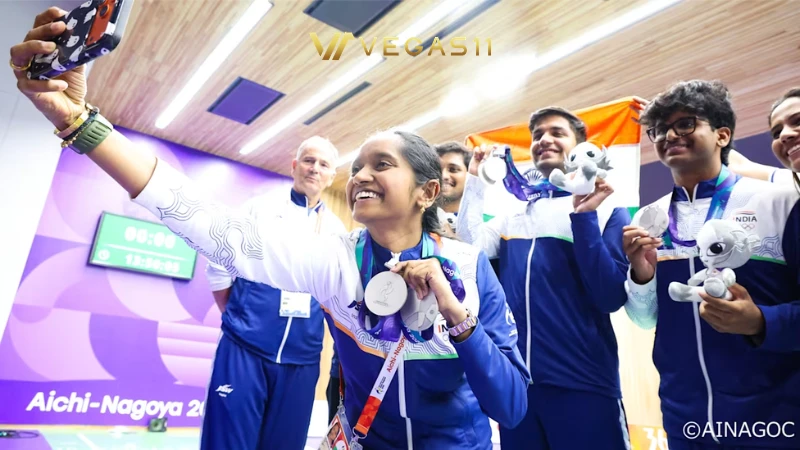 Indian shooting team celebrating silver medal win at Asian Games 2026 Aichi-Nagoya
